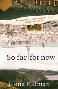 Book cover for So Far, For Now with a photo of a lakeside road at the bottom, and an upside down photo of Paris on the top.